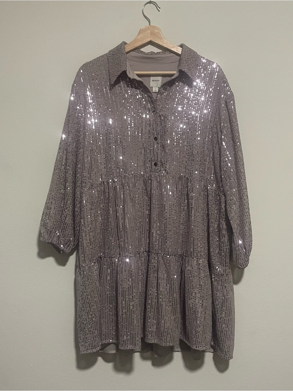 Maeve Anthropologie Bettina Silver Sequined Tiered Shirt Dress, Size Large - Picture 2 of 4